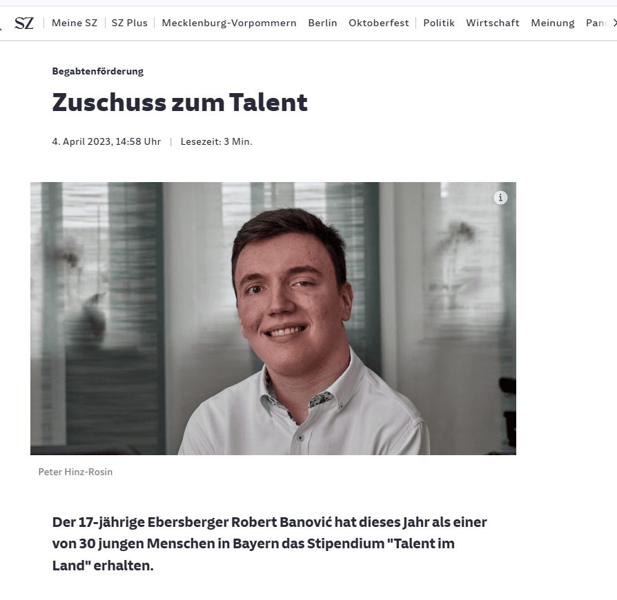 Artikel „Zuschuss zum Talent“ in der Süddeutschen Zeitung mit einem Foto von Robert Banovic